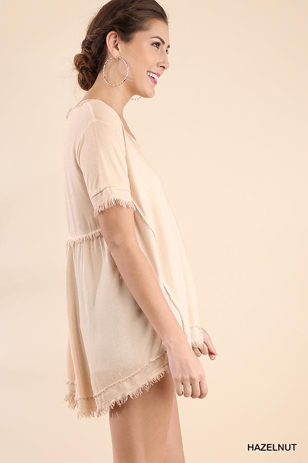 Washed Short Sleeve Top with Frayed and Gathered Details Ivy and Pearl Boutique