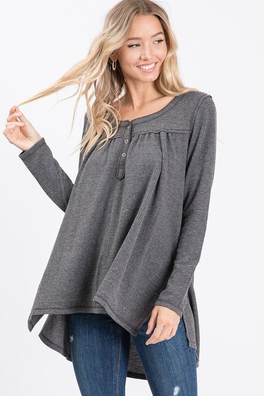 Washed Thermal with Buttoned Front Placket and Gathered Back Ivy and Pearl Boutique