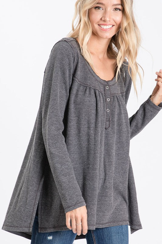 Washed Thermal with Buttoned Front Placket and Gathered Back Ivy and Pearl Boutique