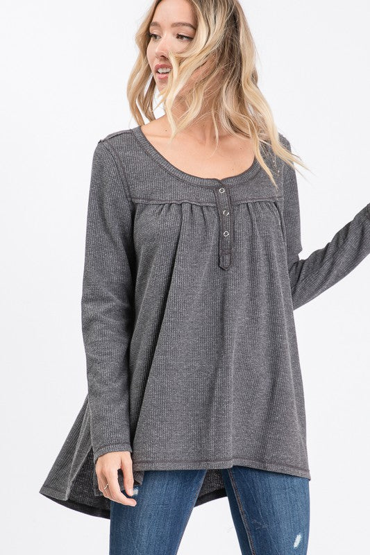 Washed Thermal with Buttoned Front Placket and Gathered Back Ivy and Pearl Boutique