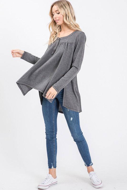 Washed Thermal with Buttoned Front Placket and Gathered Back Ivy and Pearl Boutique