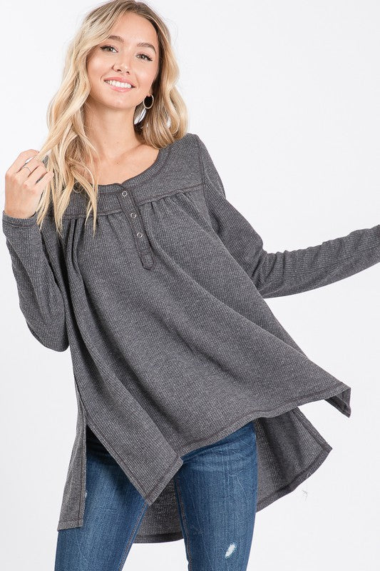 Washed Thermal with Buttoned Front Placket and Gathered Back Ivy and Pearl Boutique Charcoal S