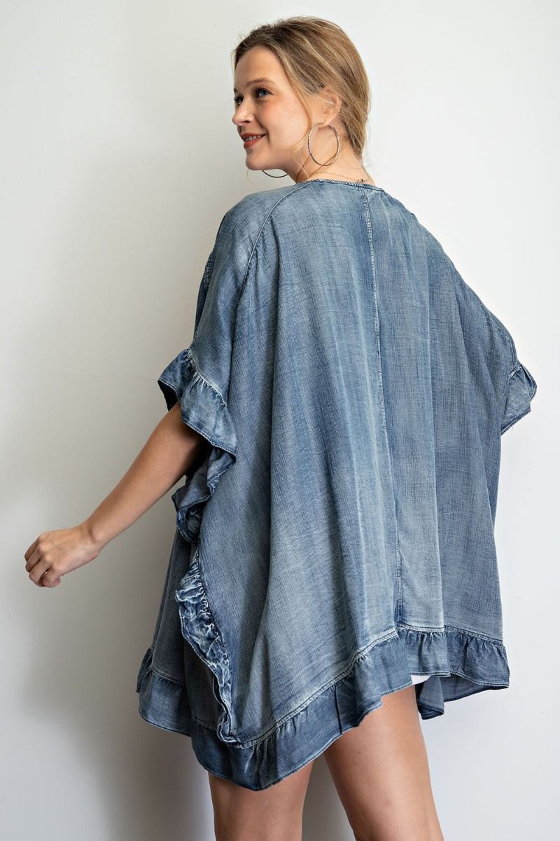 Washed denim open cardigan with ruffle detailing - RESTOCKED Ivy and Pearl Boutique
