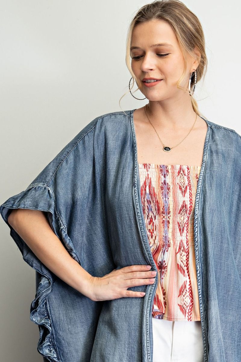 Washed denim open cardigan with ruffle detailing - RESTOCKED Ivy and Pearl Boutique S