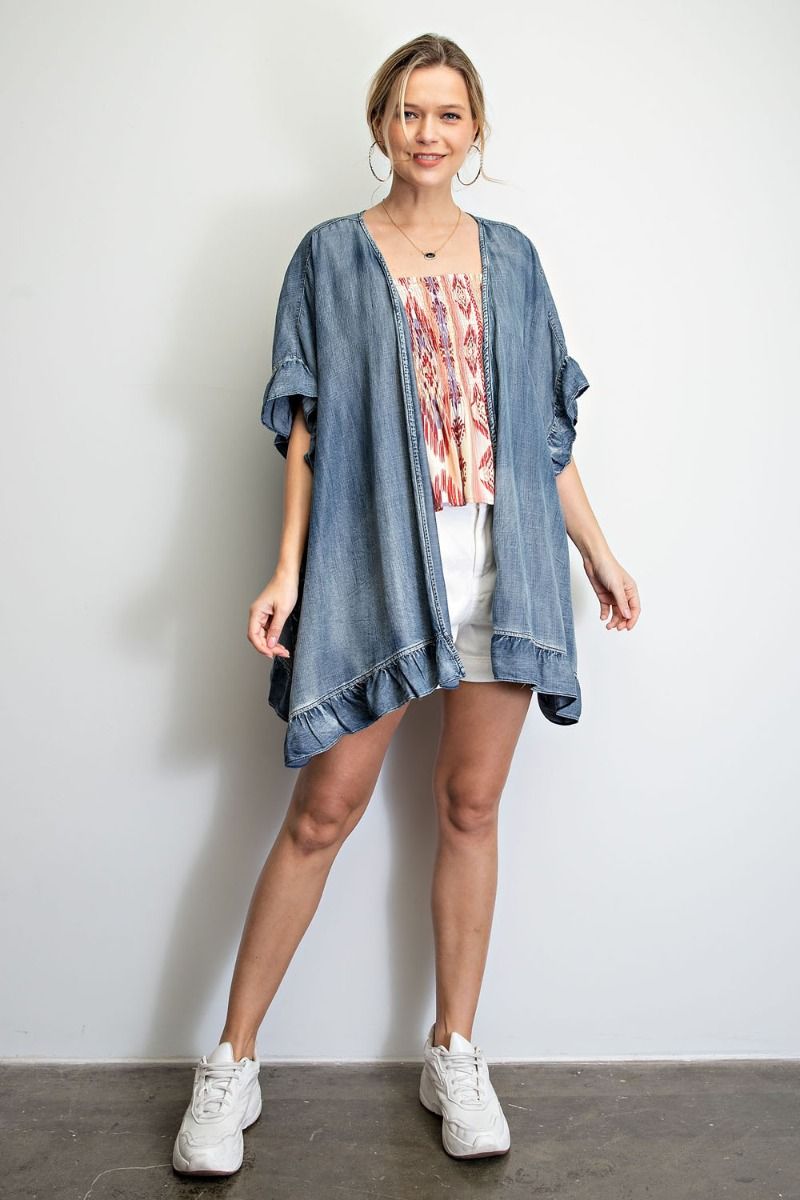Washed denim open cardigan with ruffle detailing - RESTOCKED Ivy and Pearl Boutique