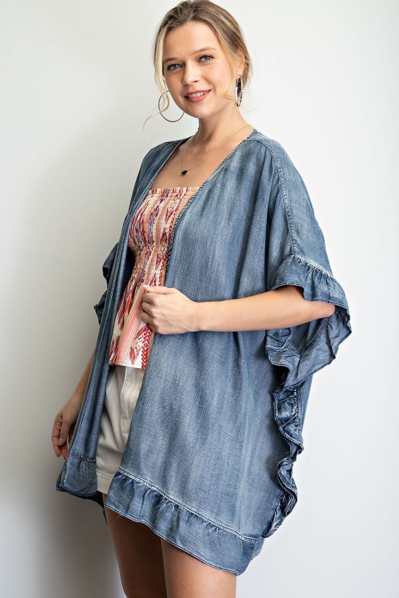 Washed denim open cardigan with ruffle detailing - RESTOCKED Ivy and Pearl Boutique