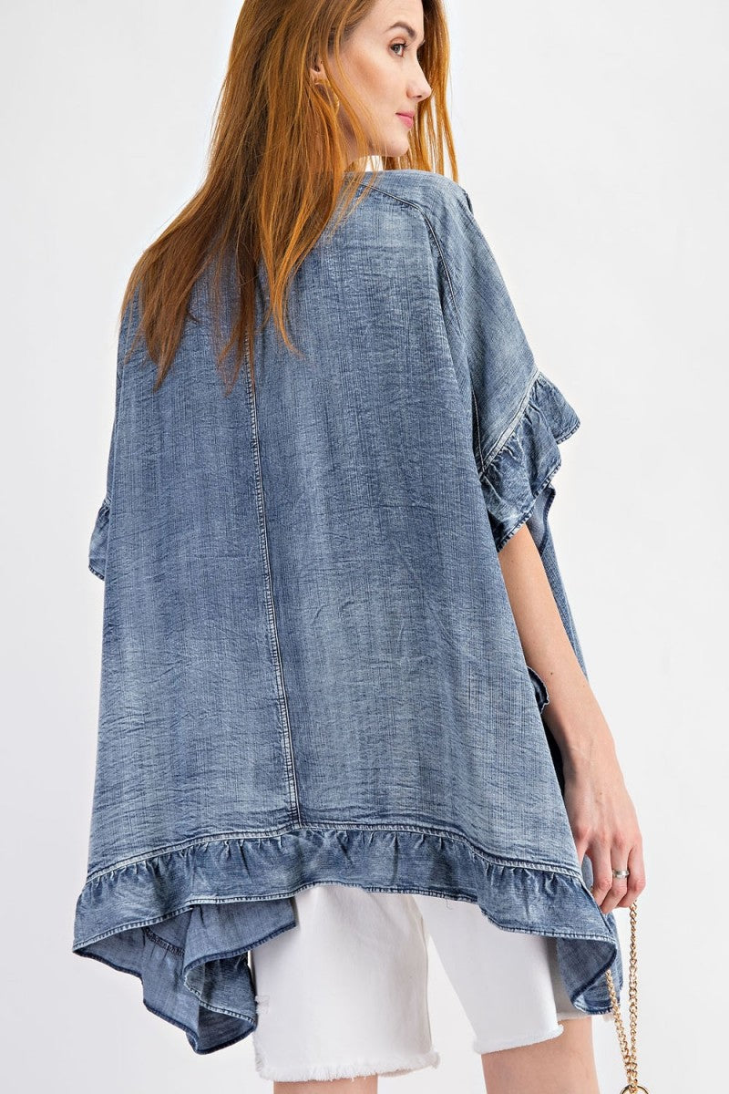 Washed denim open cardigan with ruffle detailing - RESTOCKED Ivy and Pearl Boutique
