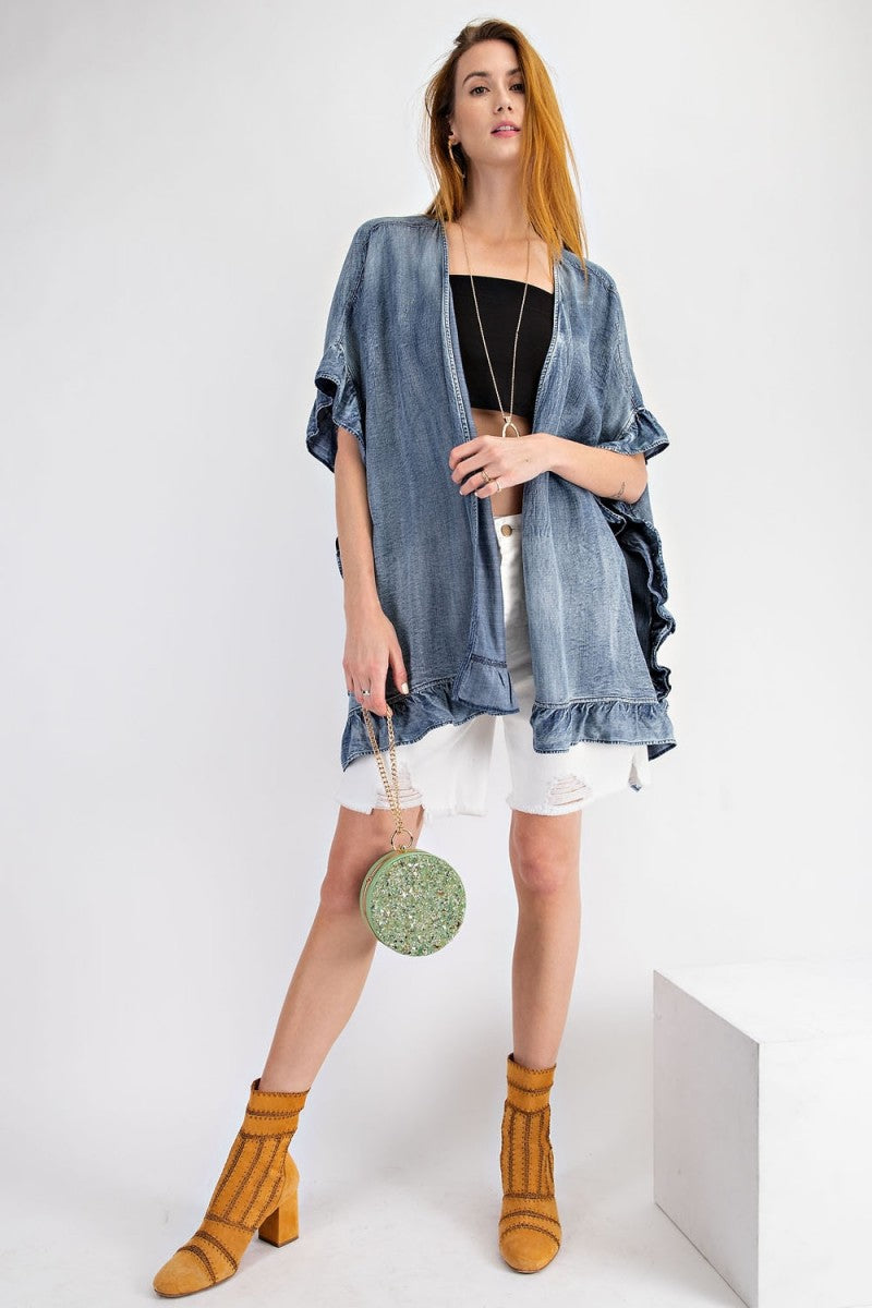 Washed denim open cardigan with ruffle detailing - RESTOCKED Ivy and Pearl Boutique