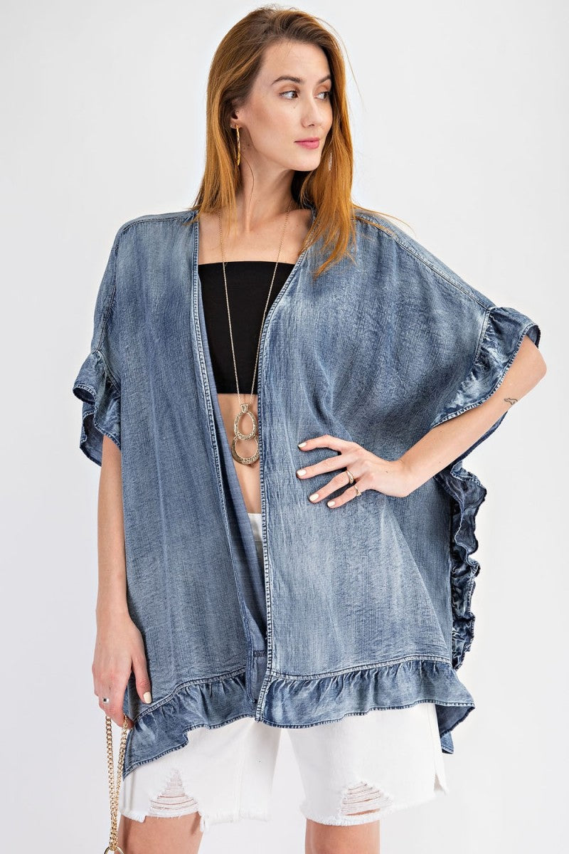 Washed denim open cardigan with ruffle detailing - RESTOCKED Ivy and Pearl Boutique