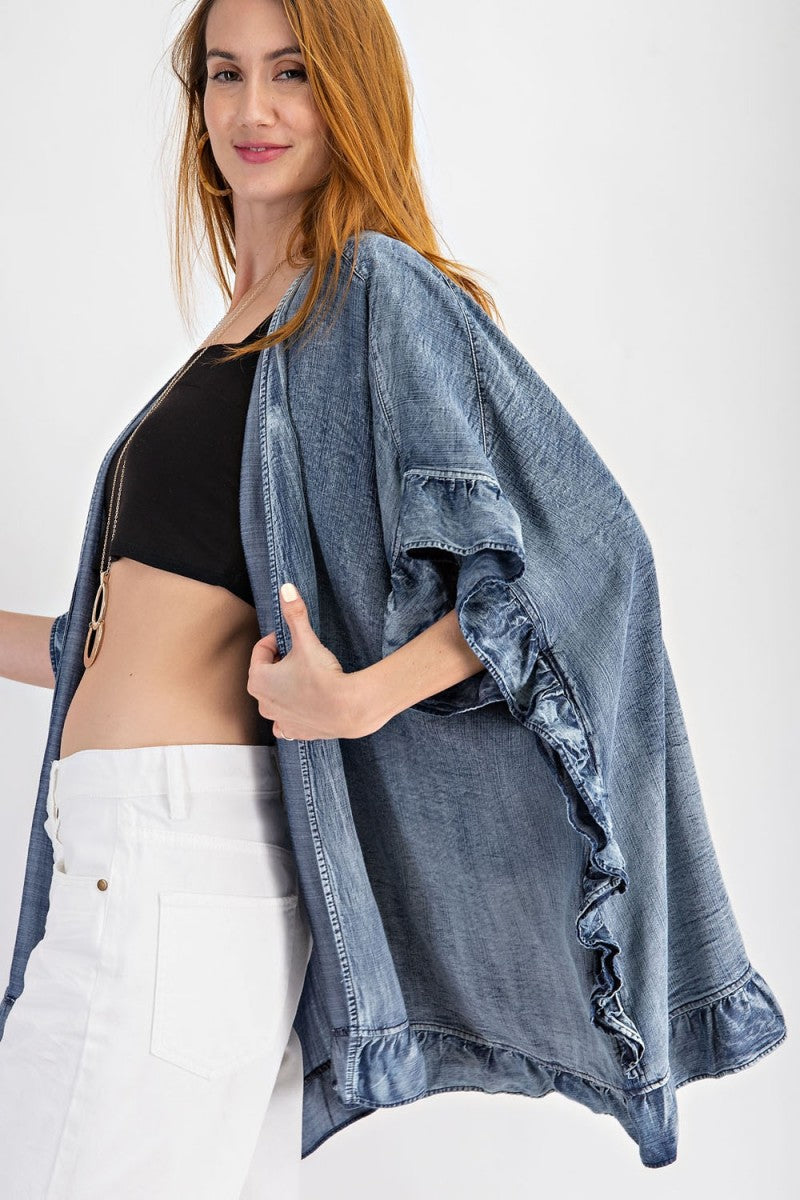 Washed denim open cardigan with ruffle detailing - RESTOCKED Ivy and Pearl Boutique
