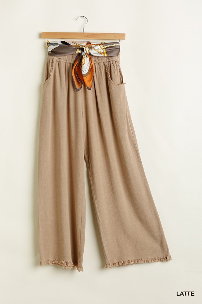 Wide Leg Pant with Elastic Waist, Pockets, and Frayed Hem Ivy and Pearl Boutique Latte S