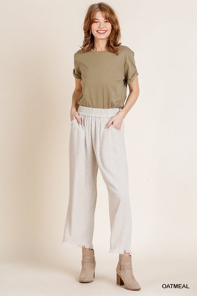 Wide Leg Pant with Elastic Waist, Pockets, and Frayed Hem Ivy and Pearl Boutique