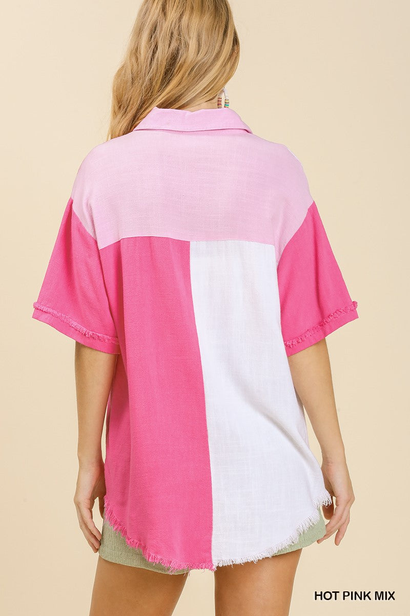 Linen Blend Color Block Gauze Button Up Short Folded Sleeve Top with Chest Pocket and Frayed Hemline Ivy and Pearl Boutique