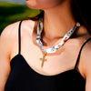 Scarf Necklace Beige/Navy with 1.25" Bubble Cross, VERY POPULAR!!