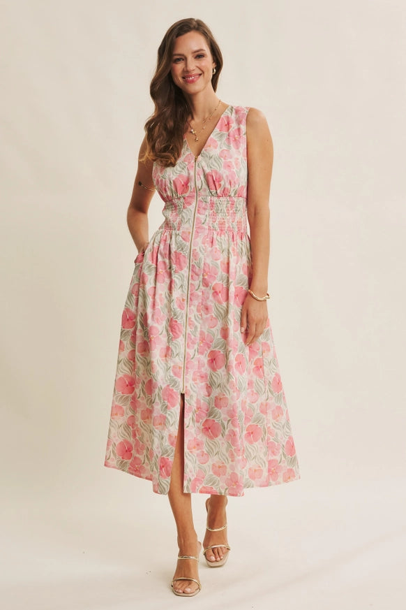 Fresh breath of Spring floral zip-front cotton midi dress