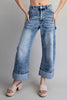 Zipper front rolled up hem denim jeans/pants