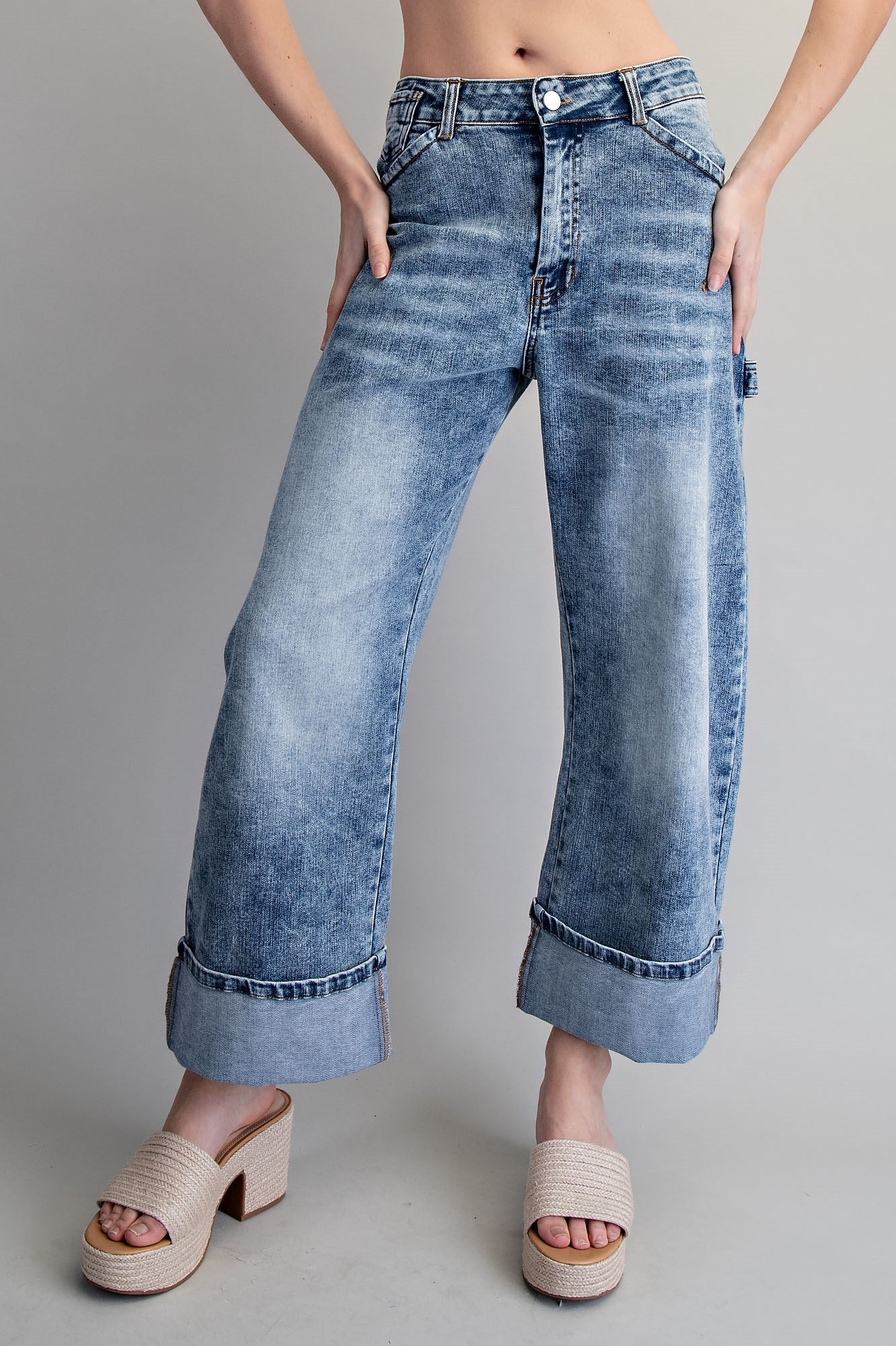 Zipper front rolled up hem denim jeans/pants
