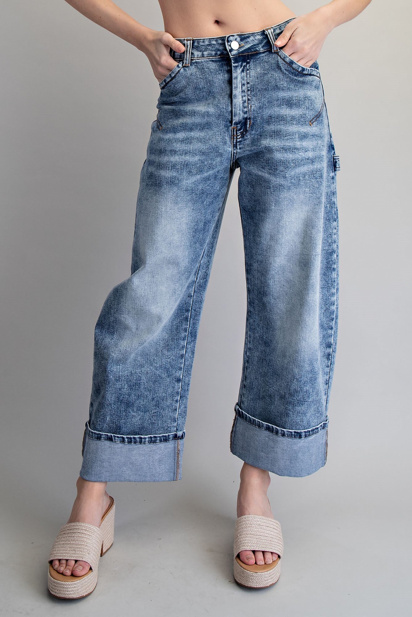Zipper front rolled up hem denim jeans/pants