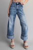 Zipper front rolled up hem denim jeans/pants
