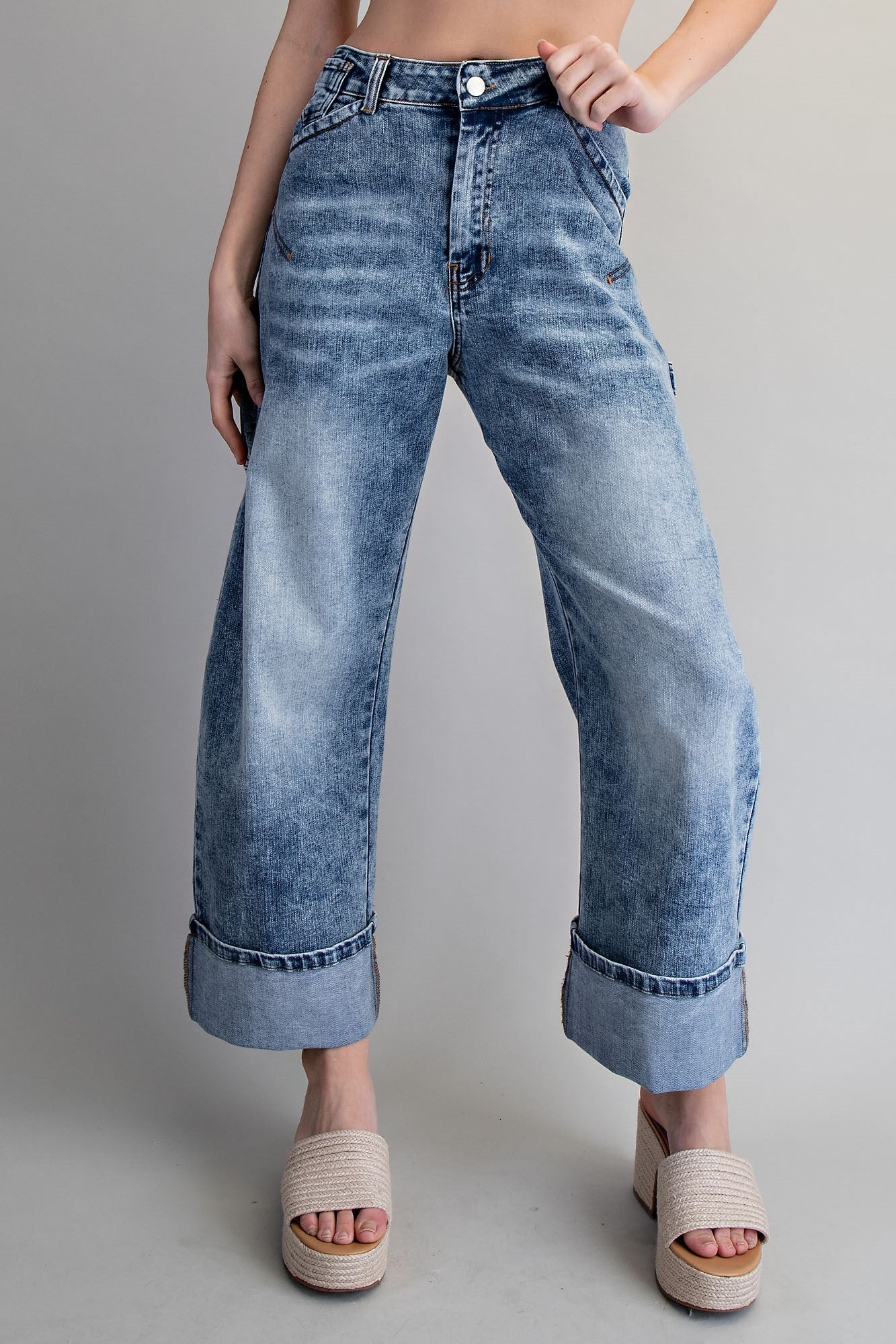 Zipper front rolled up hem denim jeans/pants