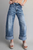 Zipper front rolled up hem denim jeans/pants