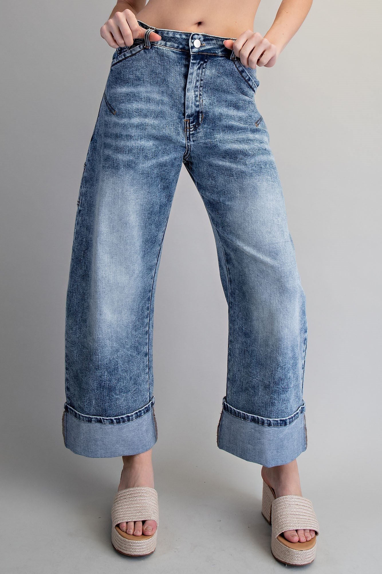 Zipper front rolled up hem denim jeans/pants