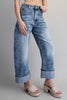 Zipper front rolled up hem denim jeans/pants