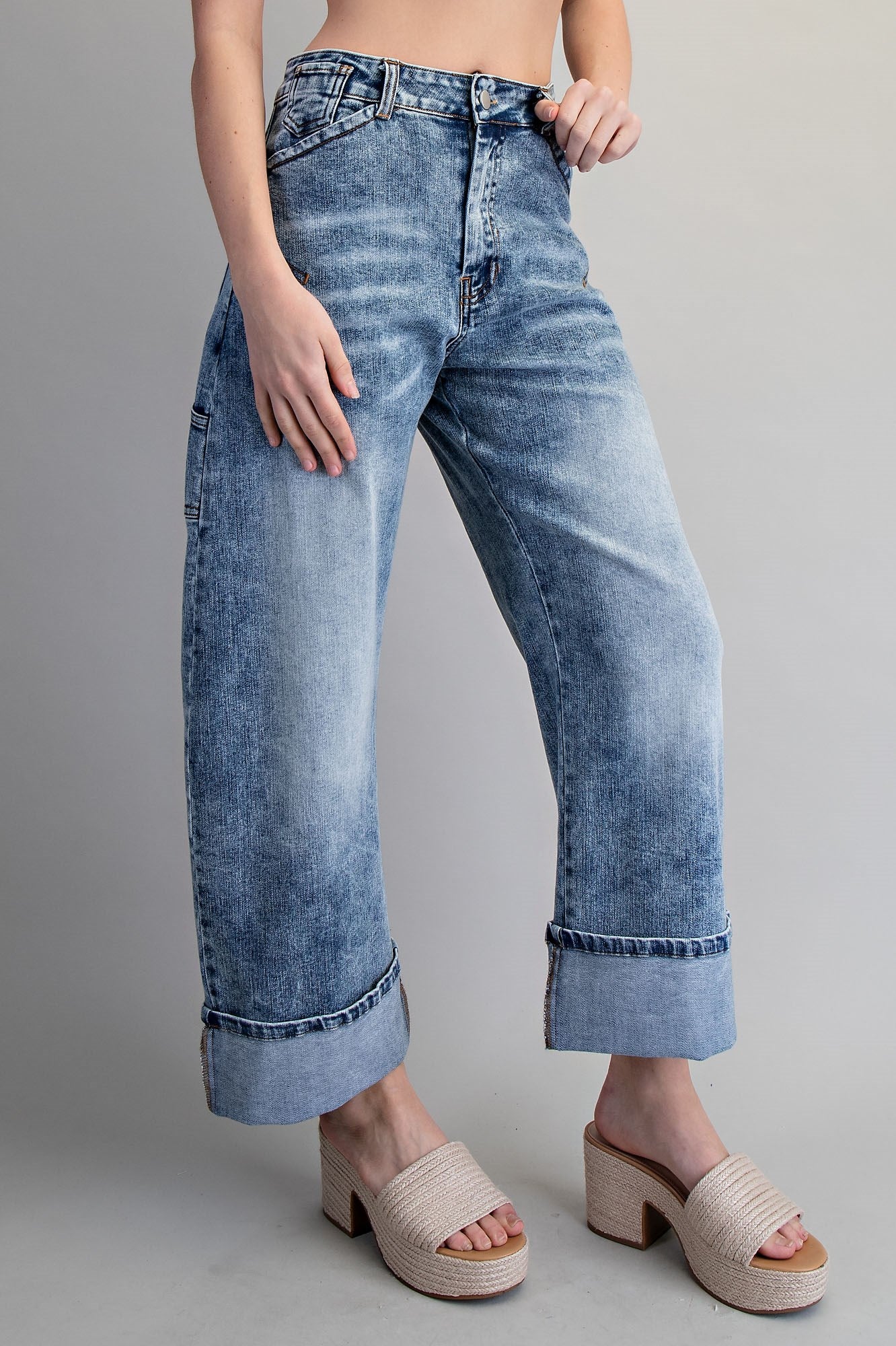 Zipper front rolled up hem denim jeans/pants
