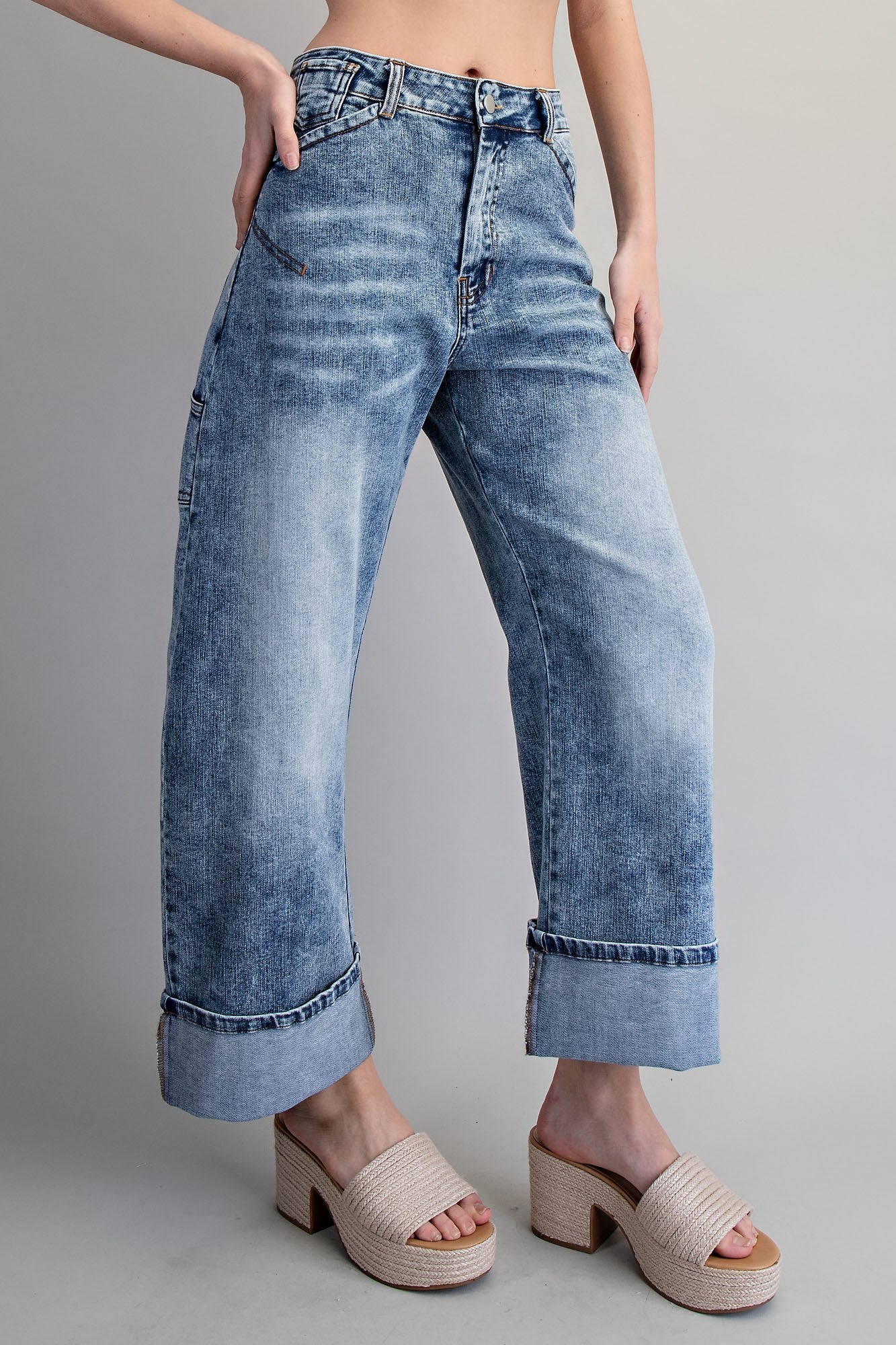Zipper front rolled up hem denim jeans/pants