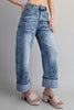 Zipper front rolled up hem denim jeans/pants