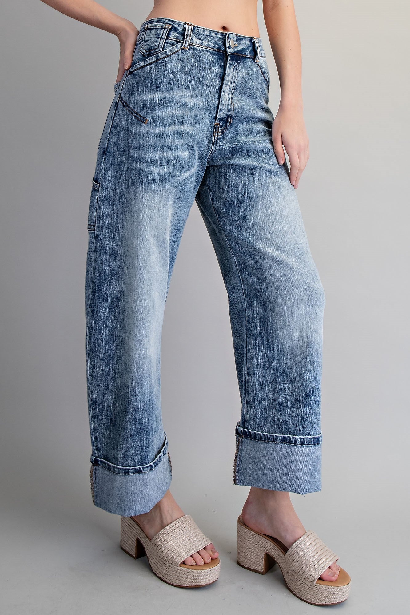Zipper front rolled up hem denim jeans/pants