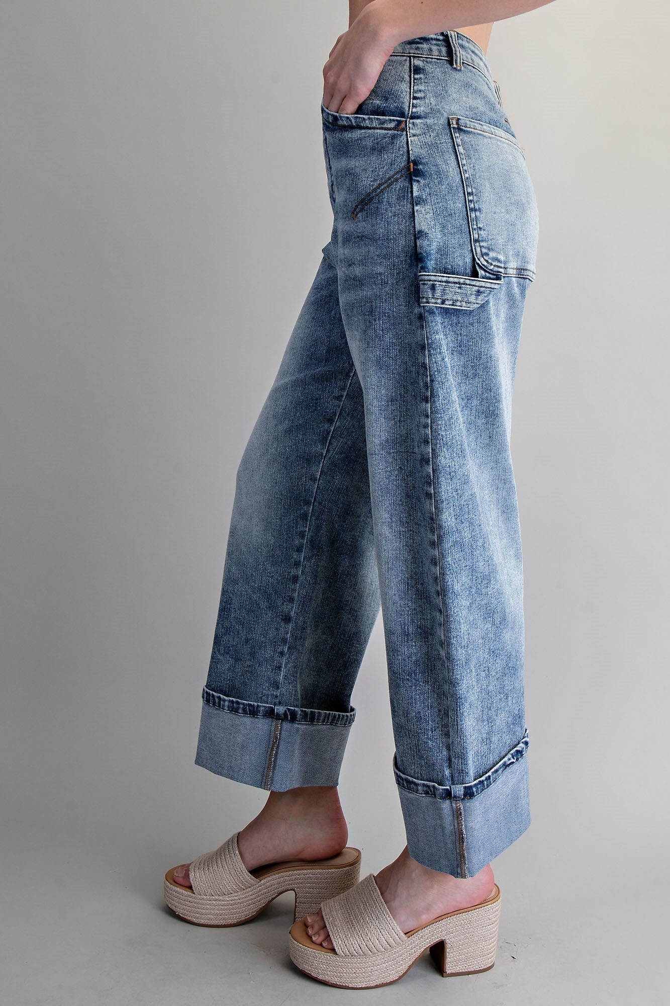 Zipper front rolled up hem denim jeans/pants