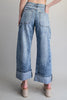 Zipper front rolled up hem denim jeans/pants