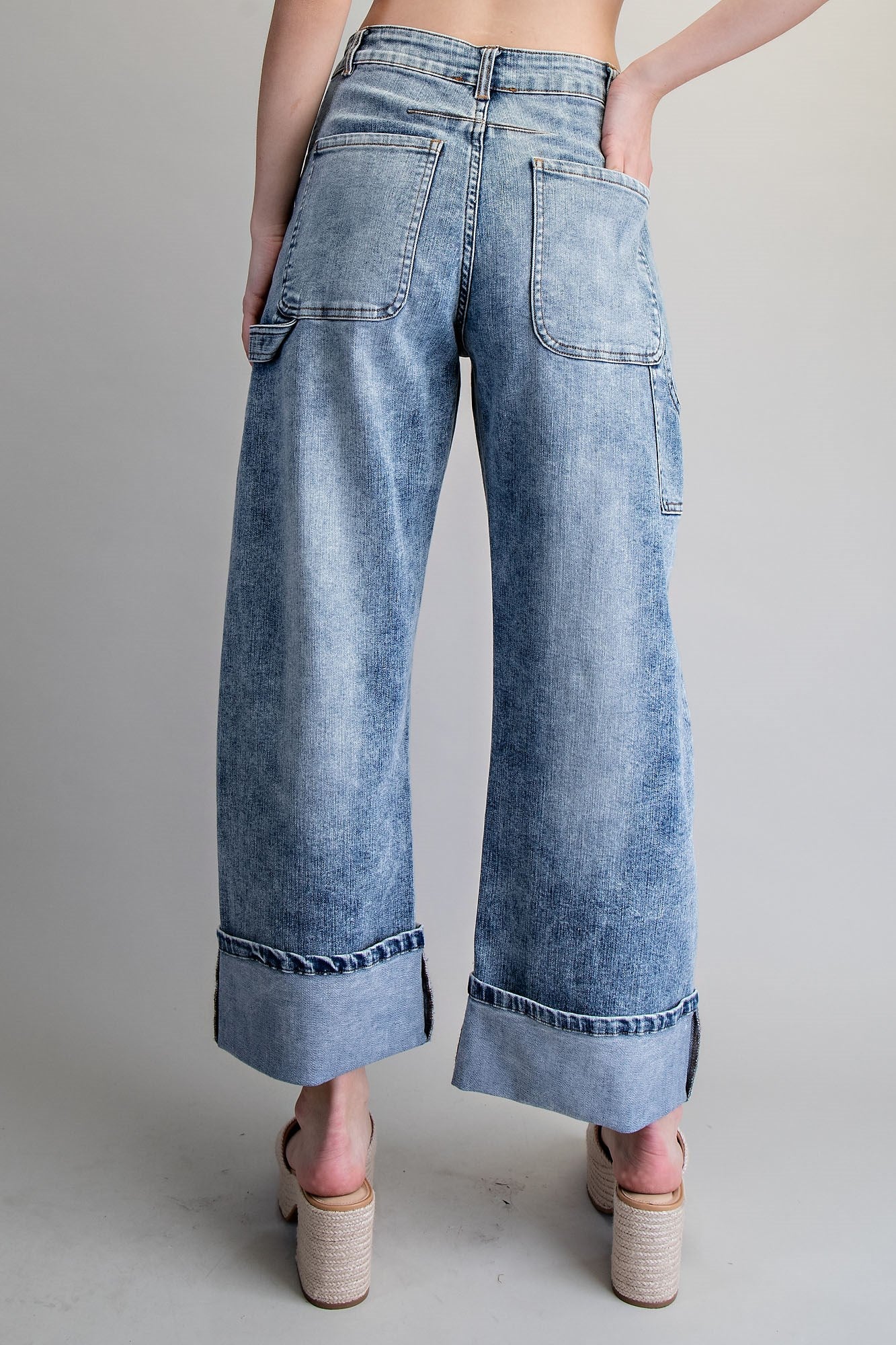 Zipper front rolled up hem denim jeans/pants