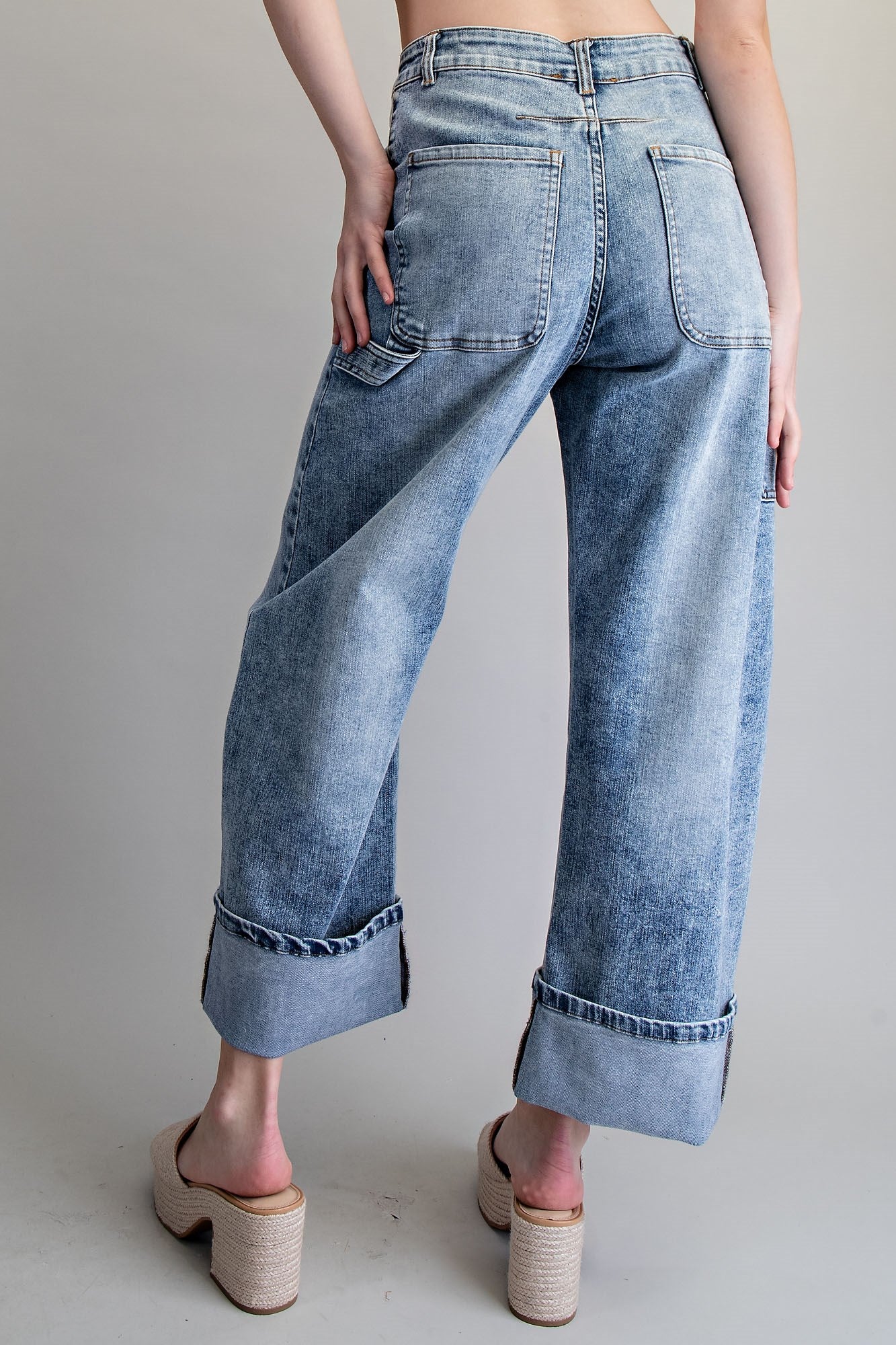 Zipper front rolled up hem denim jeans/pants