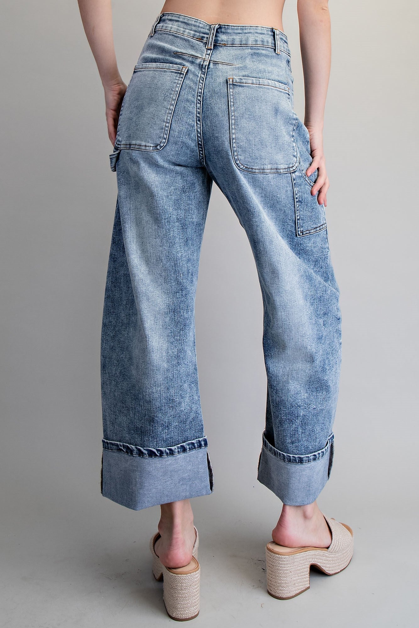 Zipper front rolled up hem denim jeans/pants