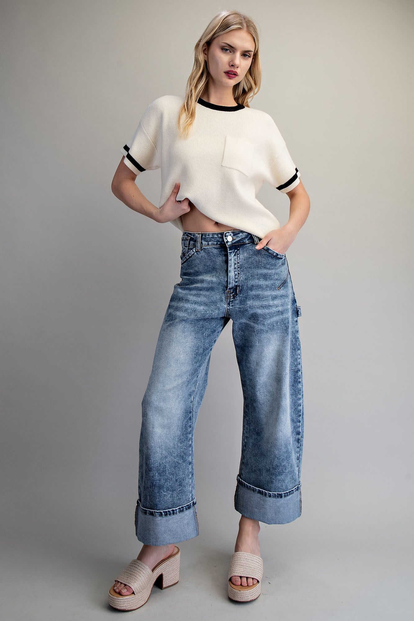 Zipper front rolled up hem denim jeans/pants