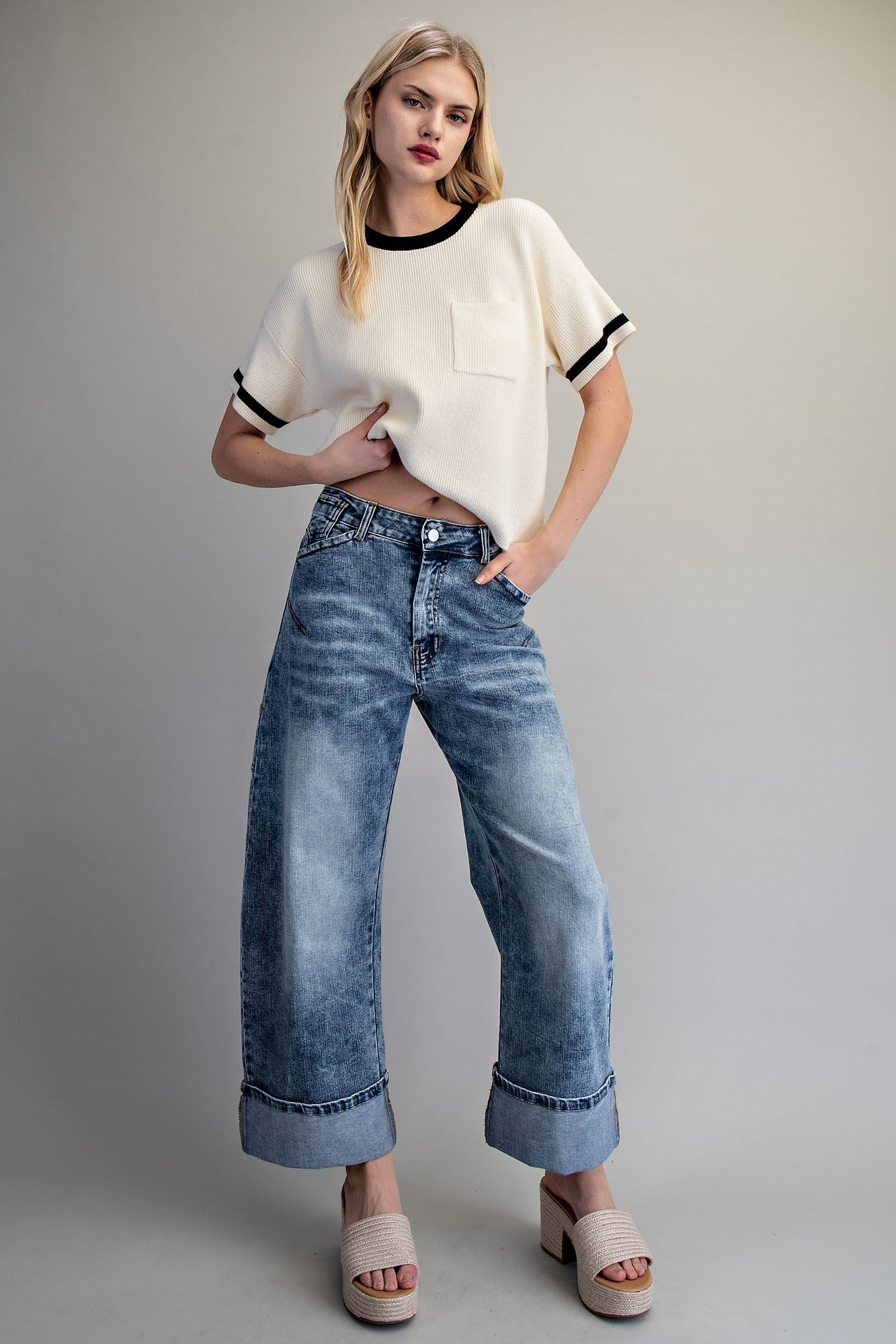 Zipper front rolled up hem denim jeans/pants