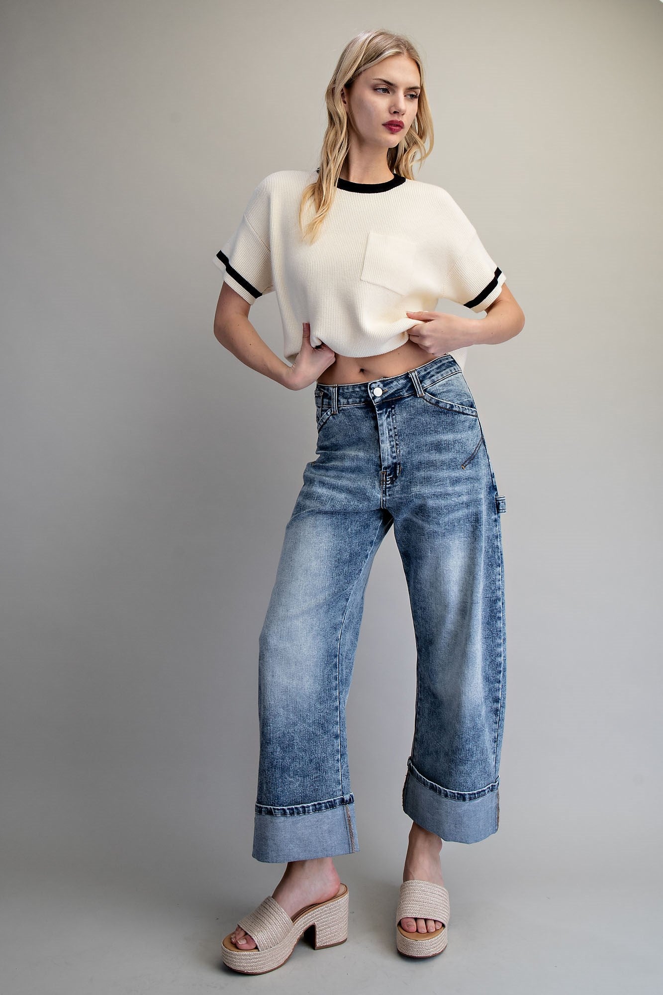Zipper front rolled up hem denim jeans/pants