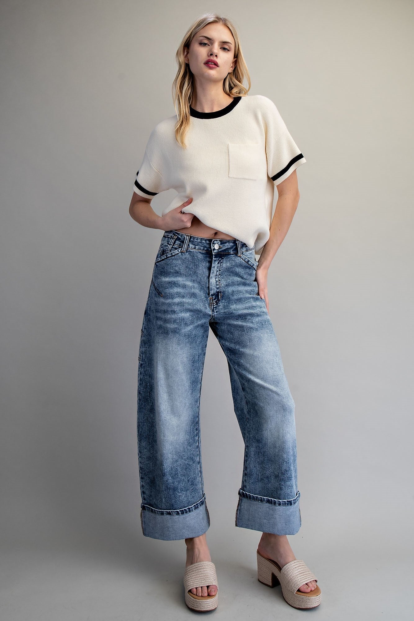 Zipper front rolled up hem denim jeans/pants