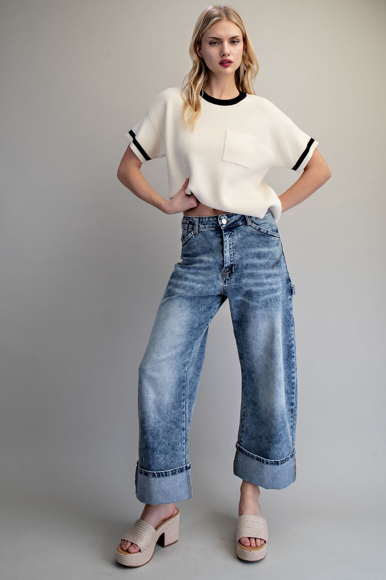 Zipper front rolled up hem denim jeans/pants