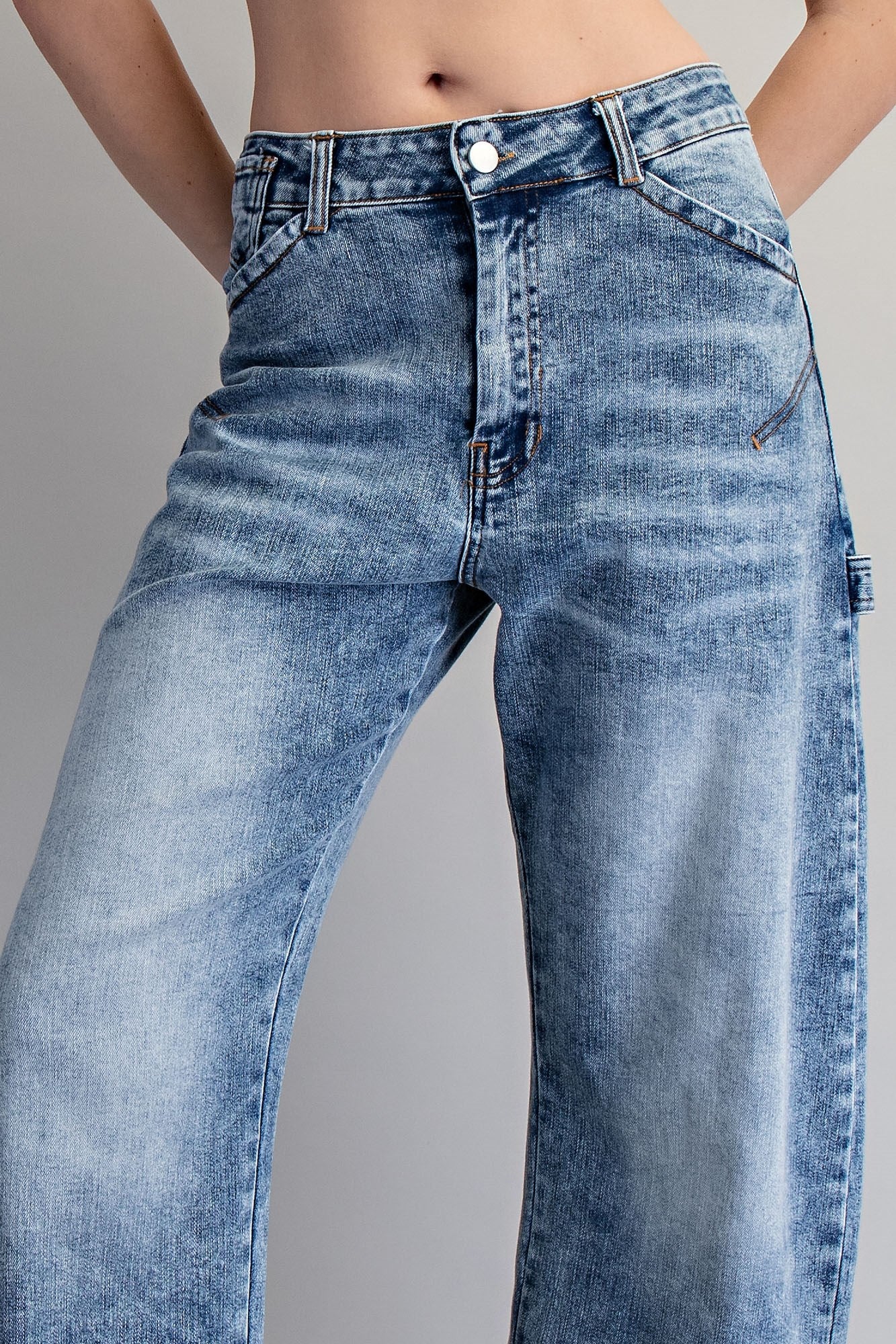 Zipper front rolled up hem denim jeans/pants