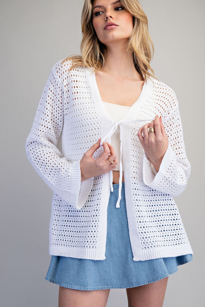 Front tie open knit crochet cardigan