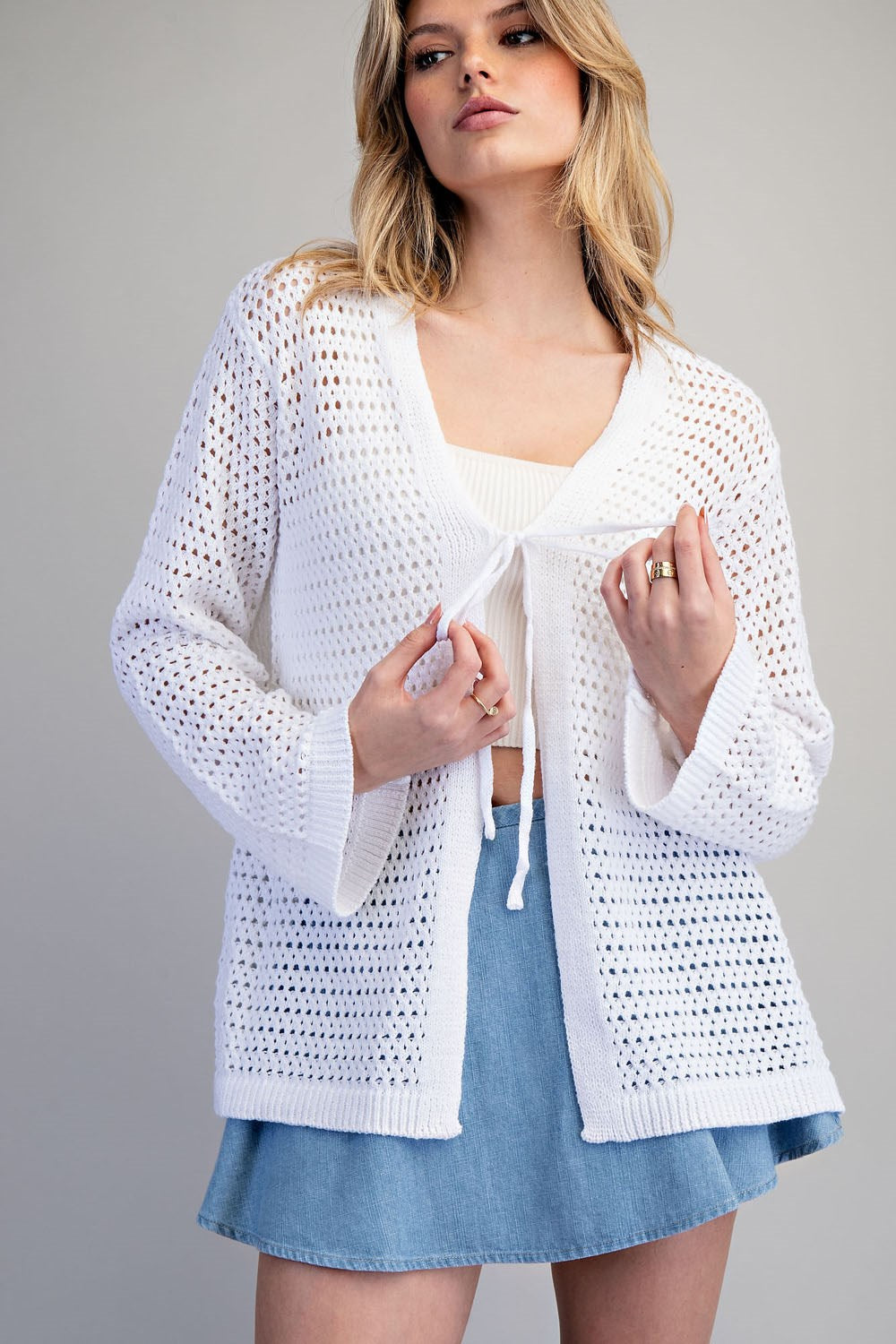 Front tie open knit crochet cardigan