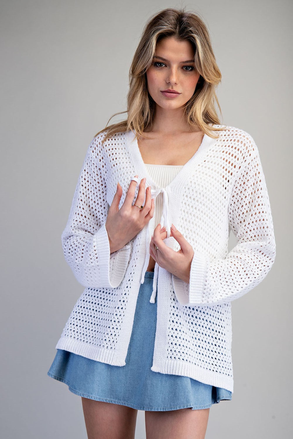 Front tie open knit crochet cardigan