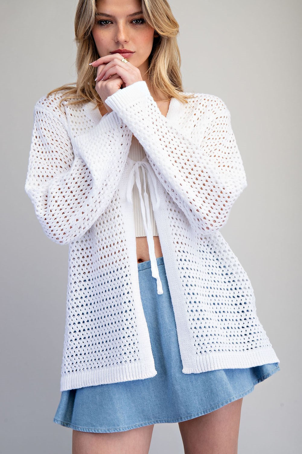 Front tie open knit crochet cardigan