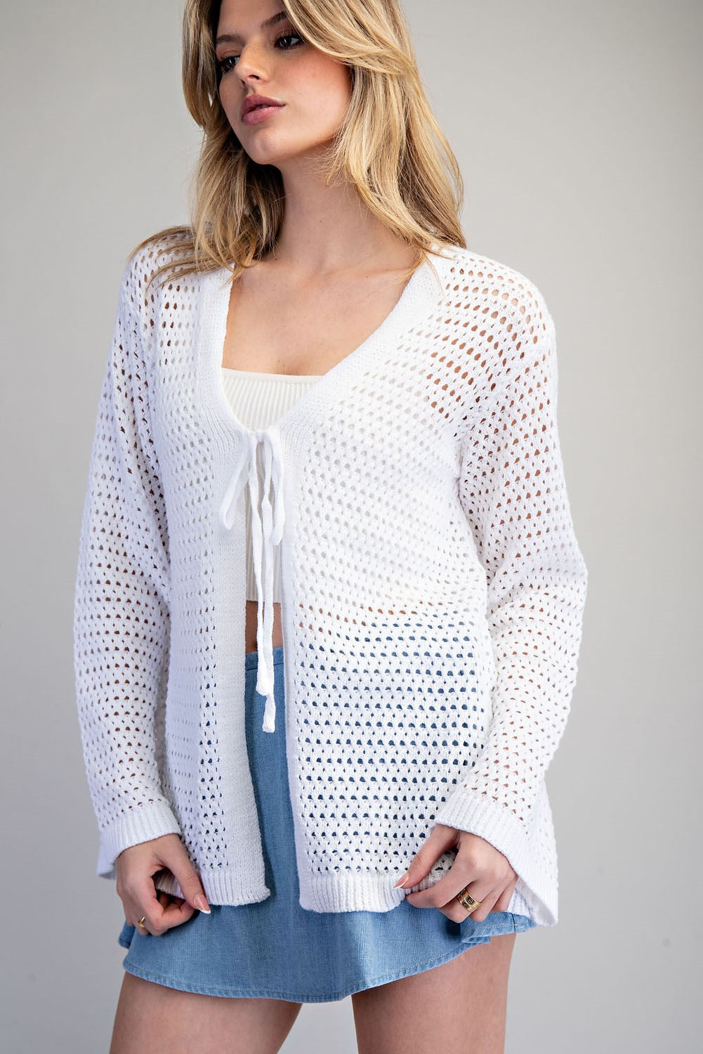 Front tie open knit crochet cardigan