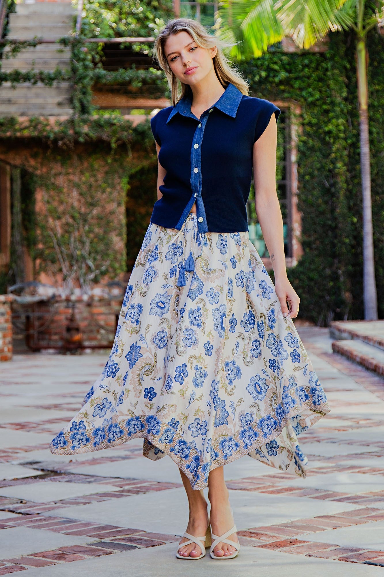 Floral Print Handkerchief Hem Midi Skirt