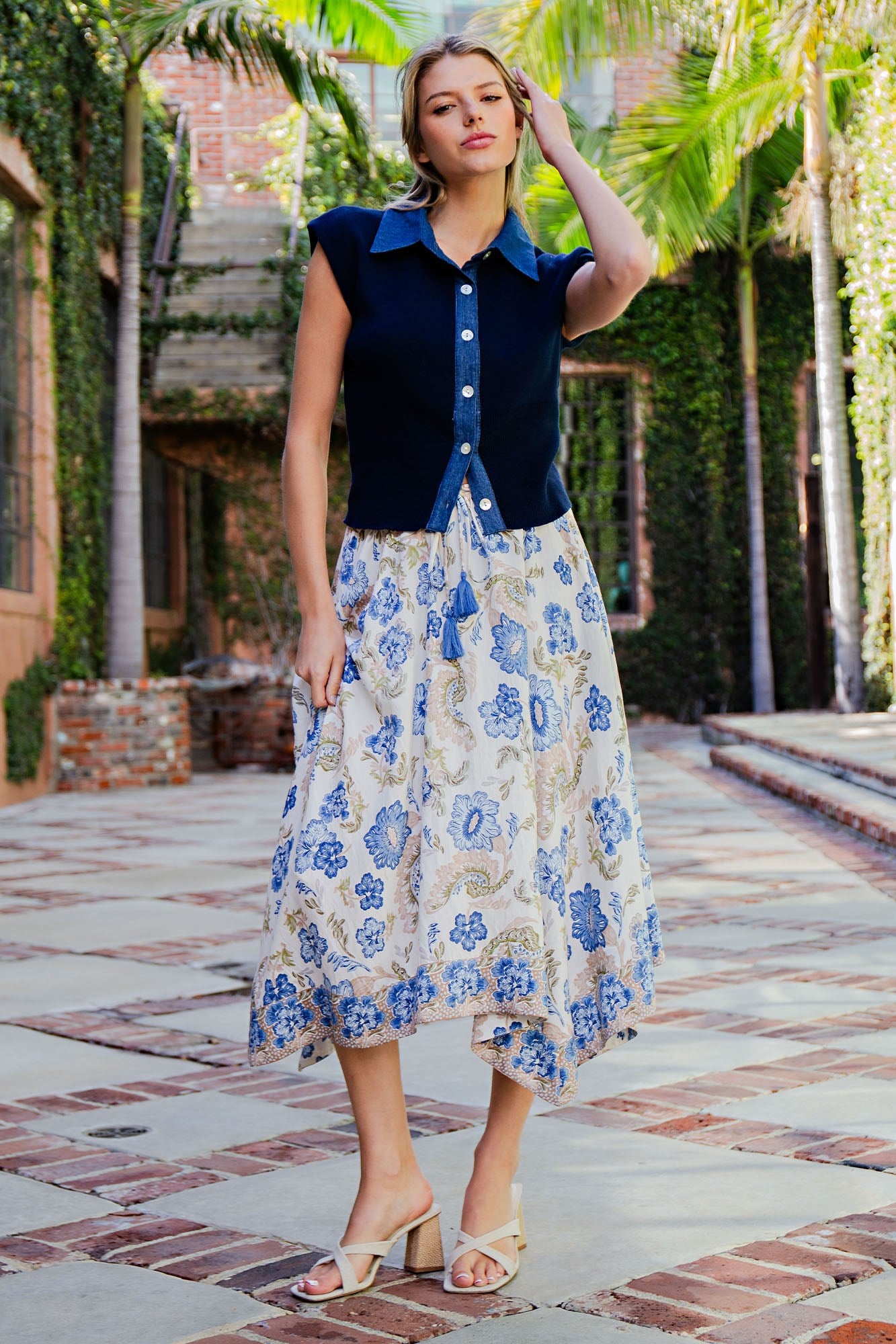 Floral Print Handkerchief Hem Midi Skirt