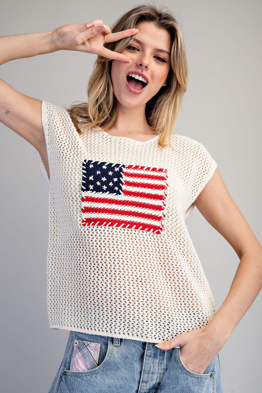 Stars & Stripes Knit Cap Sleeve Top